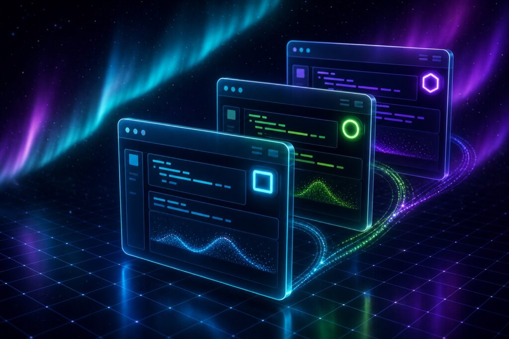 Three stacked glowing Jupyter notebook windows arranged in isometric depth