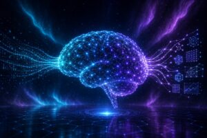 Glowing wireframe neural network brain with data streams flowing in and out