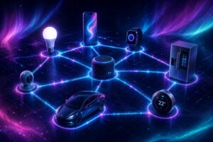 Network of glowing smart devices interconnected by neon light lines