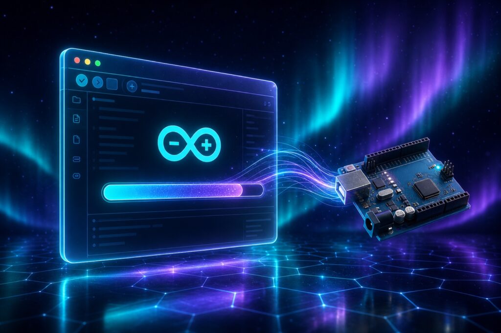 Arduino IDE installer window with download progress beside a floating Arduino UNO board
