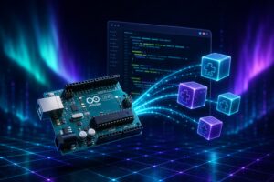 Arduino UNO board with floating library blocks flowing into a code editor