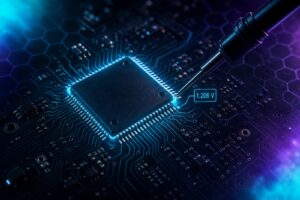 Glowing microcontroller chip on a dark PCB with a multimeter probe and aurora glow