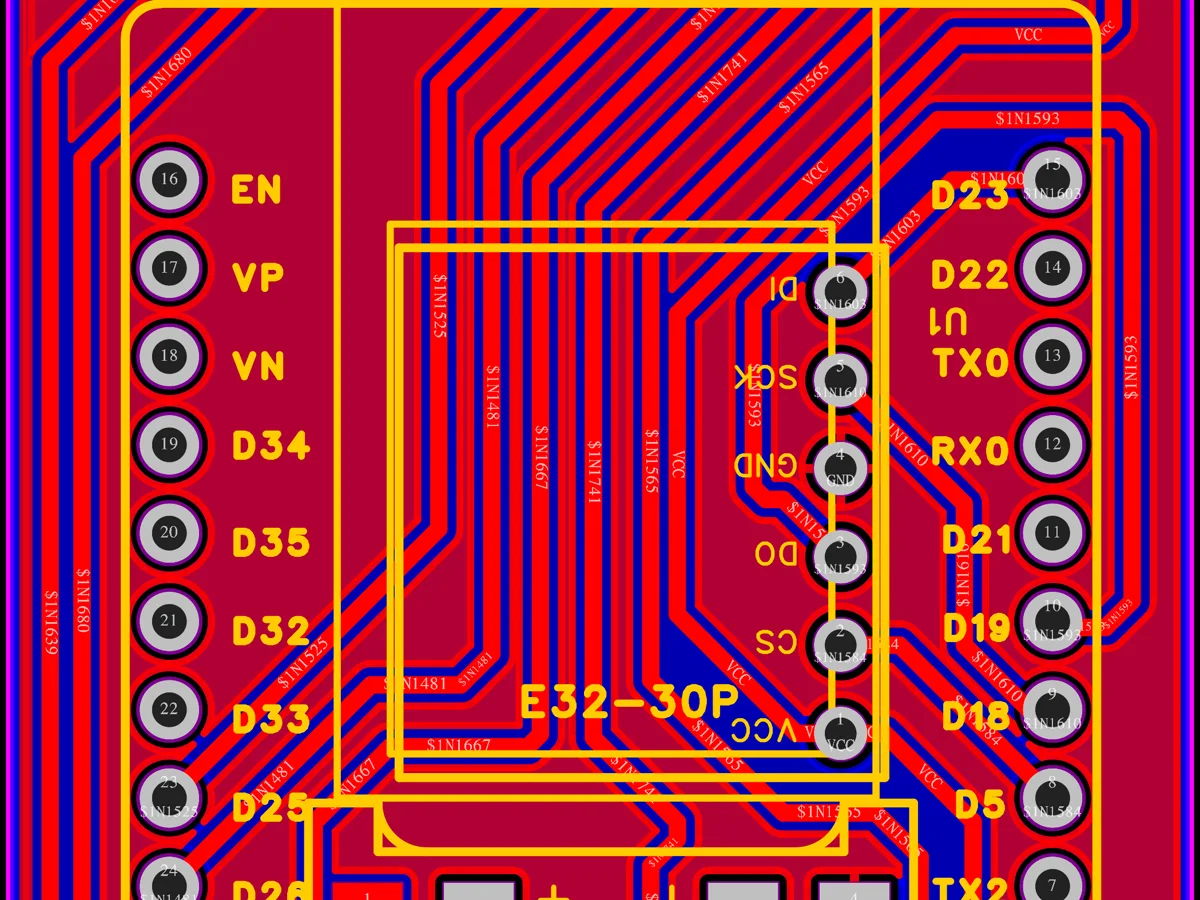 ESP32-based PCB layout designed by TechieYan, showing routed traces and module footprint