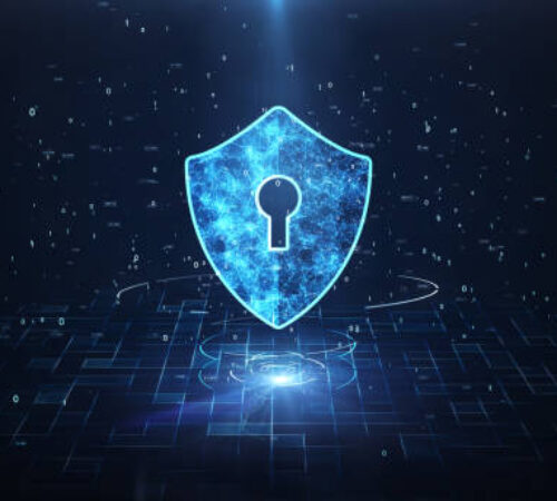 Big Data Protection Cyber Security Concept With Shield Icon In Cyber Space.Cyber Attack Protection For Worldwide Connections,Block chain. Digital Big Data Stream Analysis.